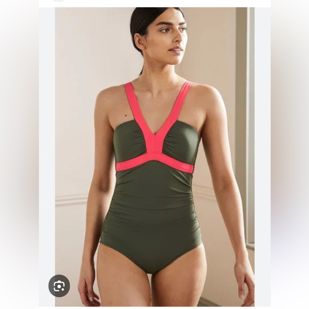 NWT Boden Corsica V-Neck Swimsuit olive / coral , Sz 6R